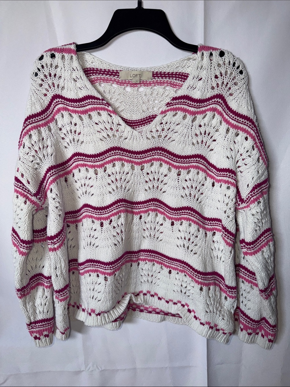 LOFT White V-Neck Eyelet Sweater with Pink Stripes